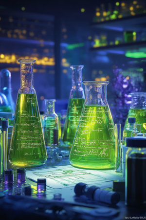Glowing Chemistry Lab Scene With Beakers, Flasks. Chemical Laboratory Research with Copy Space.の素材
