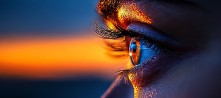 Human Eye Close Up, Eye Looking at Golden Hour Sunset, Macro Eye Detail with Orange and Blue Tonesの素材