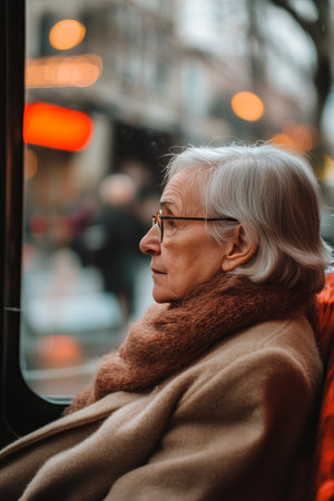 Contemplative Senior Woman Gazing Out City Bus Window, Urban Reflections, Aging Gracefullyの素材