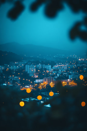 Twilight Cityscape Panorama Distant Skyline Silhouette with Glowing Bokeh Lights and Copy Spaceの素材