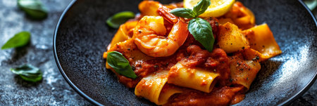 Pasta with shrimps in tomato sauce. Italian food. Seafood meal. Mediterranean cuisine.の素材