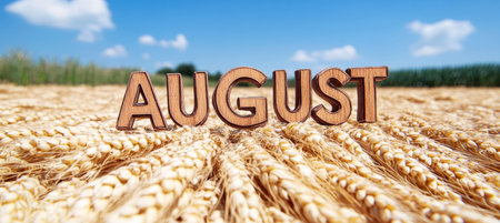 Word August on Ripe Wheat Field Background, Harvest Concept, Summer Landscape Under Blue Skyの素材
