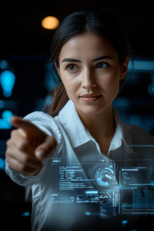 Confident Businesswoman Analyzing Data on Futuristic Interface, Making Strategic Decisions.の素材