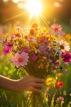 Woman s Hand Holding a Vibrant Bouquet of Wildflowers, Bathed in Golden Sunset Lightの素材