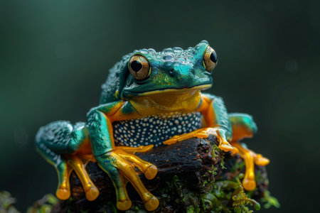 Vibrant Green And Orange Frog Grips Mossy Branch In Lush Rainforest Wildlife Portraitの素材
