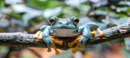 Curious Flying Frog Perched, Showcasing its Unique Blue Skin and Orange Toes on a Lush Green Branchの素材