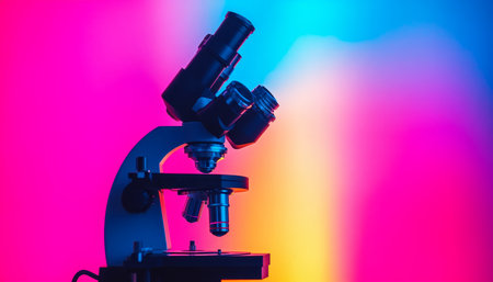 Laboratory Microscope Scientific Research Instrument In Abstract Colorful Neon Light Backgroundの素材
