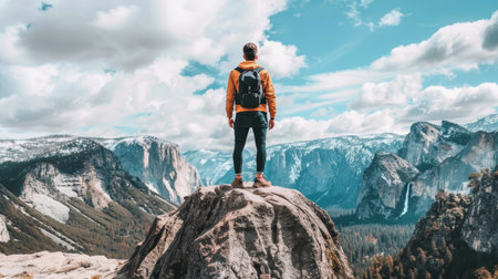 Triumphant Hiker Standing on Mountain Peak, Epic View of Majestic Valley and Mountainsの素材