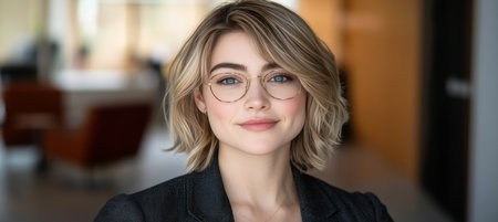 Portrait of a Confident Young Businesswoman Wearing Glasses in a Modern Office Settingの素材
