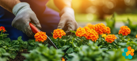 Close-Up Gardener Trimming Vibrant Orange Marigolds in Sunny Garden, Springtime Bloomの素材
