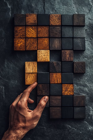 Hand Placing Wooden Block, Solving Puzzle Of Contrasting Dark And Light Cubes, Plus Sign Formationの素材