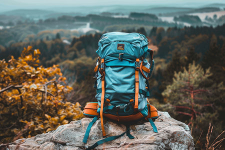 Blue Backpack Overlooking Scenic Mountain Vista After Hike, Wilderness Exploration Gearの素材