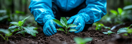 Gloved Hands Gently Planting Seedling In Fertile Soil, Promoting Sustainable Lifestyleの素材