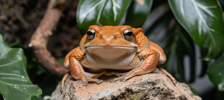 Vivid Orange Tropical Frog Perched Majestically on a Textured Rock Amidst Lush Green Foliageの素材