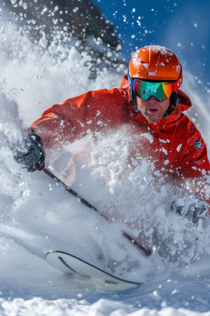 Action Shot. Expert Male Skier Pow Surfs in Deep Powder, Skiing Fresh Tracks on a Sunny Winter Day.の素材