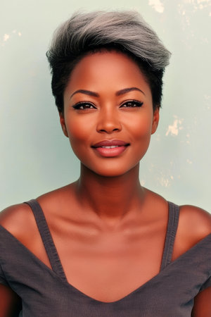 Portrait of a Beautiful African American Woman with Short Gray Hair on a Pastel Backgroundの素材