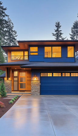 Luxury Home Exterior, Blue Siding, Two Car Garage, Stone Accent Wall, Modern Design Featuresの素材