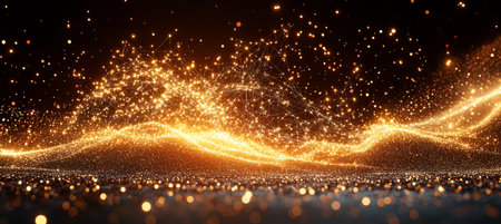 Abstract Golden Firework Display on a Glittering Landscape A Celebration of Lights and Technologyの素材