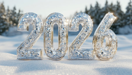 Crystal-Clear 2026 A 3D Render of Numbers in Frosted Glass Against a Blurry Snowy Forest Backgroundの素材