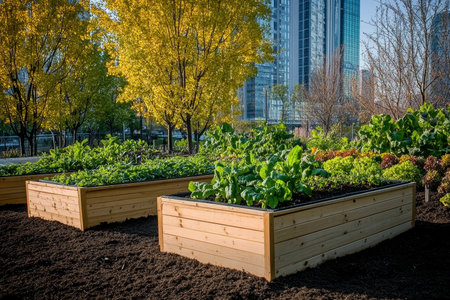 Urban Community Garden Flourishes Raised Beds Overflow with Fresh Fall Vegetables in the City.の素材