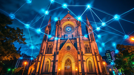 Sao Paulo Cathedral and Digital Network Connectivity, Technology, and Religion in Brazil at Night.の素材