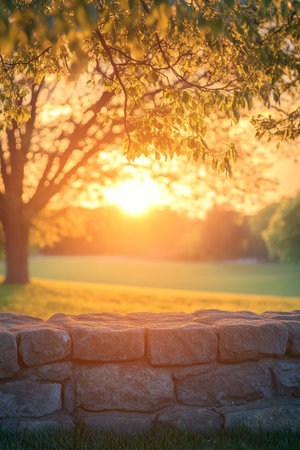 Golden Hour Serenity Sunset Through Tree Branches, Illuminating Stone Wall in a Tranquil Parkの素材