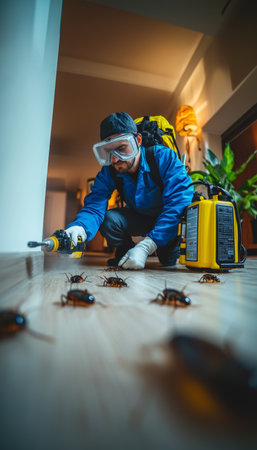 Pest Control Professional in Protective Gear Eliminating Cockroach Infestation in Residential Homeの素材