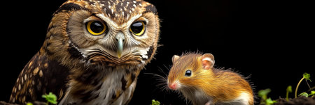The Owl and the Mouse A Beautiful Juxtaposition of Predator and Prey on Isolated Blackの素材