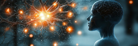Artistic Representation of Neural Network with Glowing Synapses and Human Head Silhouetteの素材