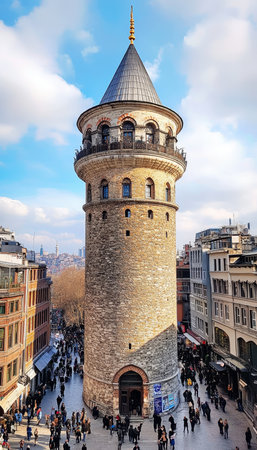 Majestic Galata Tower An Iconic Landmark Overlooking the Bustling Streets of Istanbul, Turkey.の素材
