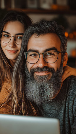 Smiling Young Love Enjoys Weekend Browsing on Laptop, Sharing Moment in Cozy Home Officeの素材