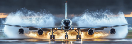 Powerful Engines of an Aircraft Blast Through Water Vapor on a Dark and Stormy Runwayの素材