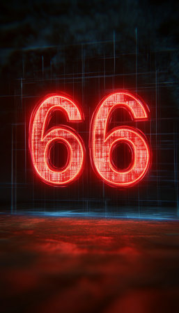 Glowing Red Digital Number 66 On Futuristic Abstract Background With Binary Code Textureの素材