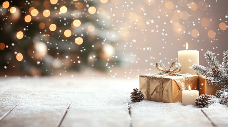 Christmas Still Life Presents, Candles, and Snowy Fir Branch with Glowing Tree Backdropの素材