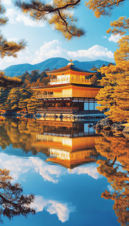 Golden Pavilion Temple Kinkaku-ji With Its Tranquil Reflection in Kyoto, Japan on Sunny Dayの素材