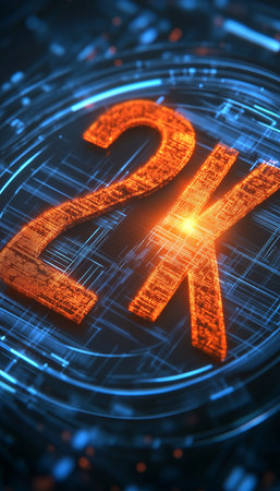 Futuristic Technology Glowing Orange 3D Number 2K on Abstract Circuit Board Background.の素材