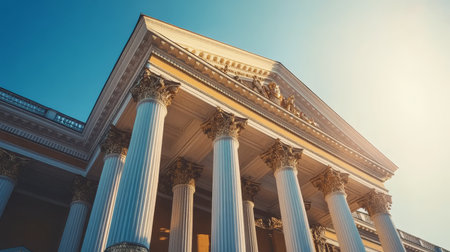 Majestic Classical Architecture Ornate Columns, Golden Accents, and a Clear Blue Skyの素材