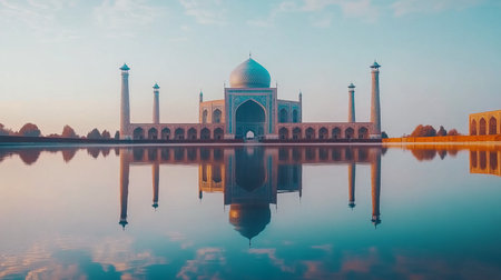 Hazrat Masumeh Shrine, Qom, Iran. Majestic Islamic architecture reflected in serene water.の素材