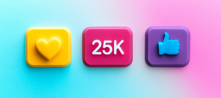 Social Media Icons with 25,000 Followers, Like, and Heart on a Pastel Background. 3D Illustrationの素材