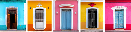 Cuban Architecture Photo Collage, Colorful Houses With Doors, Travel Background, Wallsの素材