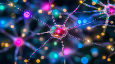 Network of Glowing Neurons, Abstract Neural Connections on Dark Background, Brain Activity Conceptの素材