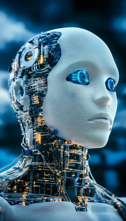 Advanced Android Close-Up of Artificial Intelligence with Complex, Glowing Cyberneticsの素材