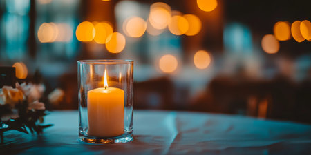 Elegant Simplicity A Single White Candle Illuminates a Table Adorned with Dreamy, Colorful Bokehの素材