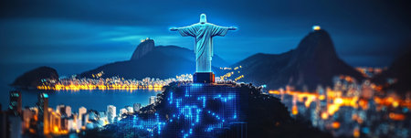 Blue Glowing Christ The Redeemer Statue at Night in Digital Network Style, Rio de Janeiro, Brazilの素材