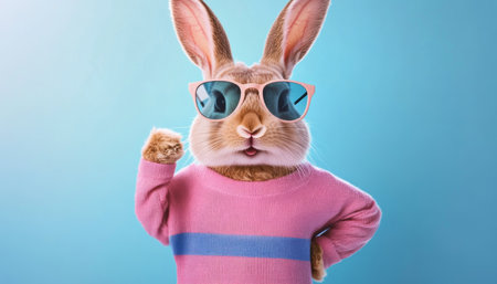 Stylish Bunny in Pink Sweater and Sunglasses, Isolated on Colorful Background for Spring.の素材
