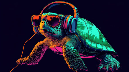Neon Party Turtle DJ Cool Reptile in Headphones and Sunglasses, Vibrant and Trendy Illustrationの素材