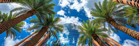 Palm Trees and Modern Architecture, Cityscape, Business Center, Urban Environment., Exterior Viewの素材