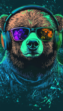 Neon Party Bear Cool Bear Portrait with Headphones and Sunglasses Enjoying the Musicの素材