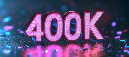 3D Rendering of Glowing Neon Pink 400K Celebration Sign on Futuristic Digital Backgroundの素材