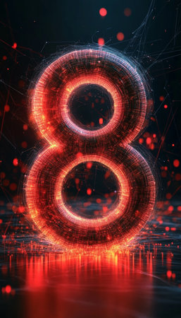Glowing Digital Number 8 on a Futuristic Red, Orange, and Black Background with Sparklersの素材